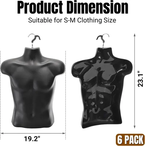 Miniatura 2 de Noamus Paquete de 6 torsos de maniquí masculino, forma de vestido con gancho para colgar, pantalla de camiseta, cuerpo trasero hueco, molde