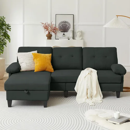 Miniatura 9 de Sofá modular convertible de 84 pulgadas, moderno sofá pequeño en forma de L de tela de lino con diván reversible, sofá de 3 asientos para sala