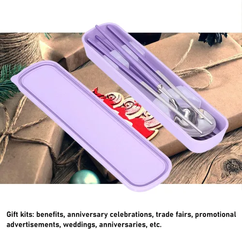 Miniatura 5 de Juego de cubiertos de viaje, 5 piezas de utensilios portátiles con funda de bolsa, juego de cubiertos reutilizables de acero inoxidable, cuchara