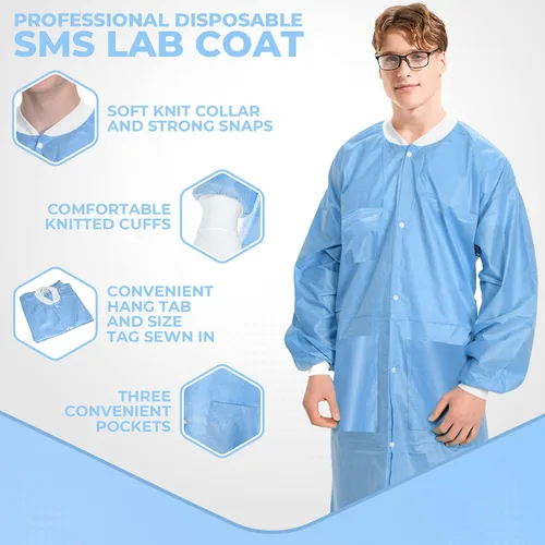 Miniatura 3 de Paquete de 10 abrigos de laboratorio desechables Abrigo de laboratorio duradero de 1.76 oz SMS hasta la rodilla, reutilizable, con puños