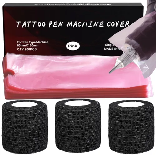 Fundas grandes para máquina con cinta de agarre, 200 fundas para bolígrafos de máquina grandes, color rosa, fundas de agarre y 3 vendajes elásticos