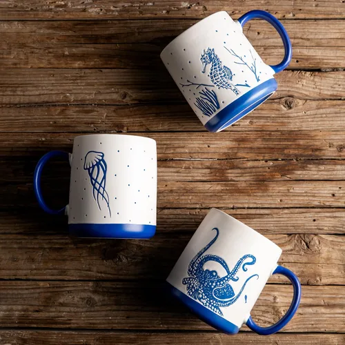Miniatura 5 de AmorArc Juego de 6 tazas de café grandes de cerámica de 18 onzas con patrones texturizados de Sea Life para té, café con leche y cacao. Fácil