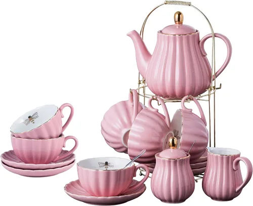 Jusalpha Servicio para 6 tazas de café/taza de té rosa de porcelana fina, tazas y platillo de 8 onzas, con tetera, tazón de azúcar, cucharaditas y