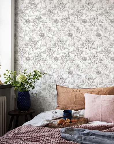 Miniatura 2 de JiffDiff Papel tapiz floral en blanco y negro con peonías removibles para despegar y pegar, papel de pared con diseño de flores esbozado