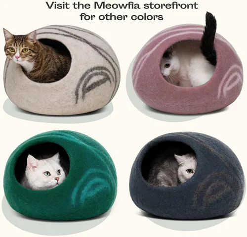 Miniatura 6 de MEOWFIA Cueva para gatos – Cama de fieltro premium para gatos de interior, hecha a mano 100% lana de merino, gato (Beige, Grande)