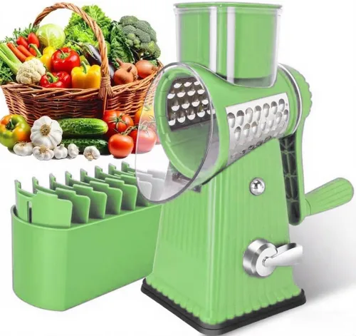 Miniatura 9 de Rallador rotativo de queso con 5 cuchillas bien diseñadas y base de succión fuerte, cortador de verduras de mandolina de cocina con caja