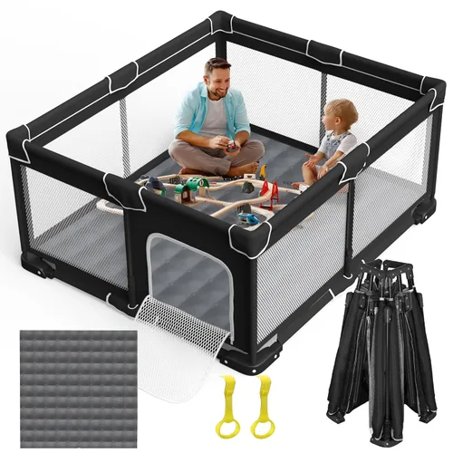 Grobeybees Corralito plegable para bebés con alfombra, corralito plegable grande para bebés y niños pequeños, corral de juegos plegable portátil