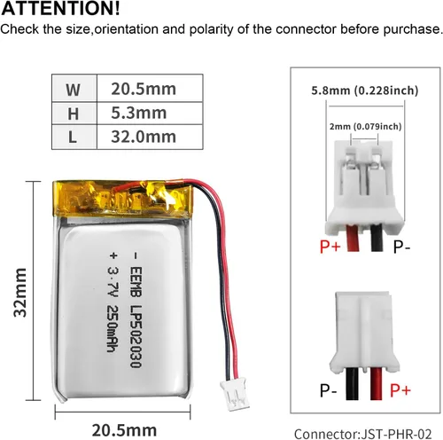 Miniatura 3 de EEMB Paquete de 40 baterías de polímero de litio 3.7 V 250 mAh 502030 Lipo con conector JST de cable para VXI Blue Parrott - Confirma la polaridad