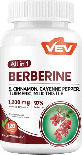 VEV Suplemento de berberina con canela de Ceilán, pimienta de cayena, cúrcuma, cardo mariano, vegano y sin OMG, 120 cápsulas