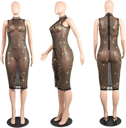 Miniatura 4 de JUNBOON Vestido midi sexy de malla transparente con diamantes de imitación y cremallera para mujer