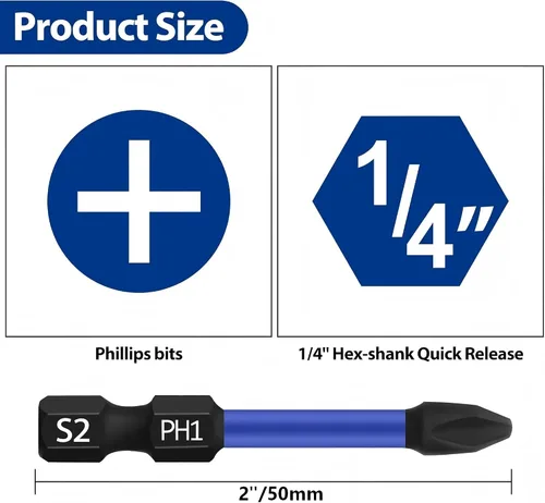 Miniatura 2 de HPHOPE PH1 - Juego de puntas de destornillador, 10 unidades, puntas Phillips PH2, punta hexagonal de 1/4 pulgadas, longitud: 1.969 in Magnetic