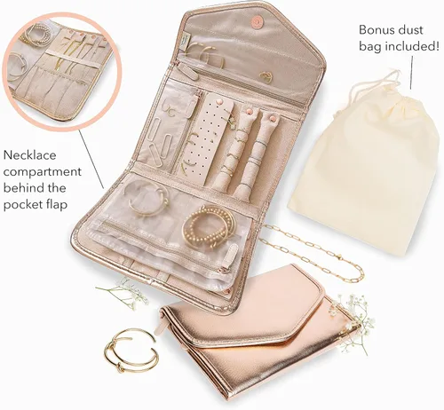 Miniatura 6 de Altitude Boutique Organizador de joyas de viaje plegable para viajes anillos de vacaciones collares pulseras aretes oro rosa mediano