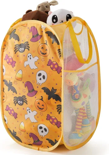 TECHMILLY Cesta de Lavandería de Malla Emergente Plegable con Asas Resistentes y Bolsillo Lateral - Cestas de Ropa Portátiles Plegables para