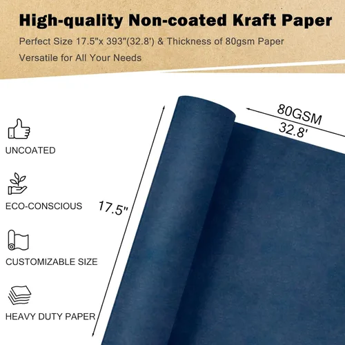 Miniatura 2 de RUSPEPA Rollo de papel de regalo azul marino kraft, 17.5"x 393" (32.8'), papel de regalo reciclable azul para regalos de cumpleaños, cubierta