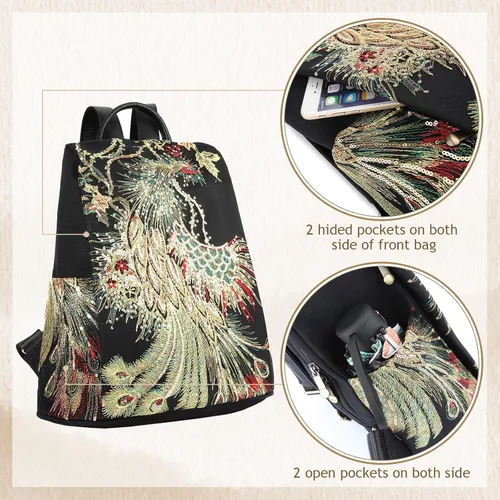 Miniatura 6 de Bolso bordado de la mochila de las mujeres, bolso antirrobo de la mochila del viaje de la lona de la moda, Bordado con purpurina, Mochilas de mochila
