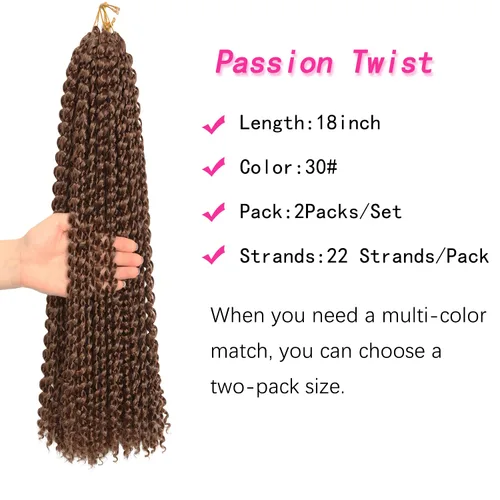 Miniatura 2 de Cabello Passion Twist de 18 pulgadas, cabello de ganchillo ondulado marrón para mujeres, cabello largo bohemio sintético rizado para trenzar Passion