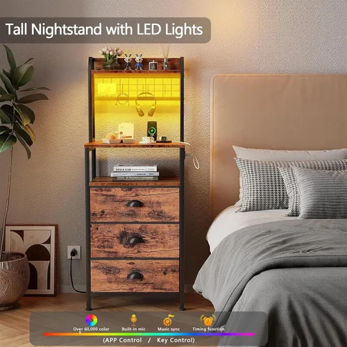 Miniatura 7 de Furologee Mesita de noche de 44'' de alto con estación de carga, mesita de noche con luces LED, mesa auxiliar con 3 cajones y estantes