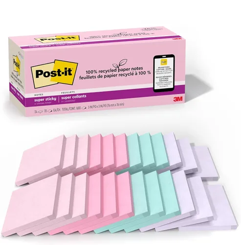 Post-it - Notas superadhesivas de papel 100% reciclado, 3 x 3 pulgadas, 24 blocs, 70 hojas por bloc, pasteles Wanderlust, suministros de regreso a