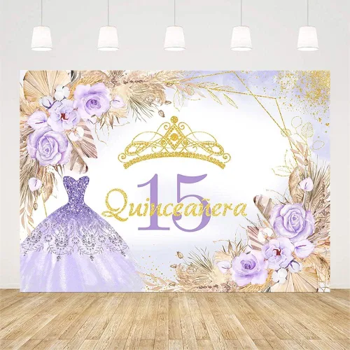 Miniatura 2 de AIBIIN Telón de fondo de quinceañera de 15 cumpleaños de 7 x 5 pies para niña dulce, bohemio, morado con purpurina Mis Quince Anos, fondo
