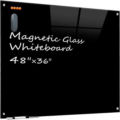 KIZZBY Pizarra de Vidrio Negro de Borrado en Seco - Pizarra Magnética Negra para Pared, 48"x36" Pizarra Blanca Grande Sin Marco para Oficina, Hogar