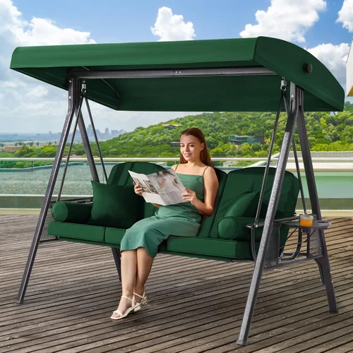 Miniatura 20 de Columpio de porche para exteriores 3 en 1 con toldo ajustable, columpio de 3 asientos para adultos, columpio de patio con cojines gruesos, almohadas