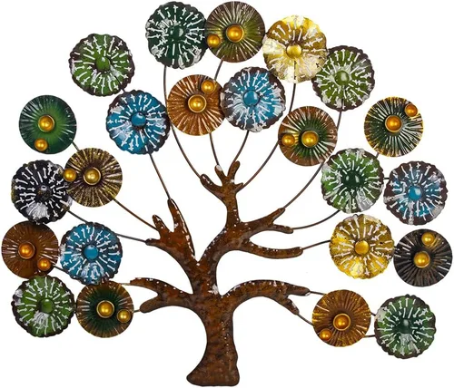 dreamskip Arte de pared de metal moderno árbol de la vida grande con hojas multicolores, hecho a mano, decoración de pared al aire libre, escultura