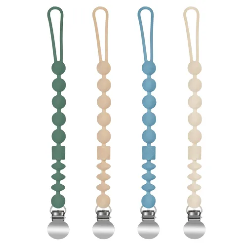 MINMUNJIU Clips para sujetar chupetes de silicona para niños, paquete de 4 unidades, un solo trozo, clip suave y flexible para sujetar chupetes,