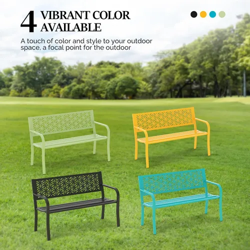 Miniatura 5 de VINGLI Banco de metal para exteriores de 50 pulgadas con respaldo floral, banco de jardín delantero para patio, entrada, parque exterior, capacidad