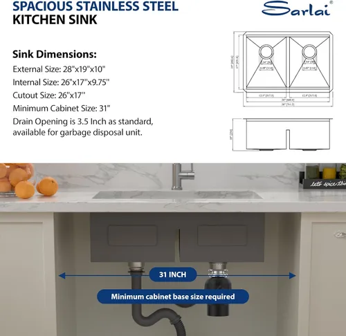 Miniatura 6 de Sarlai 28 Fregadero de cocina bajo encimera de doble tazón - Fregadero bajo encimera de acero inoxidable de 28x19 pulgadas de calibre 16, con repisa