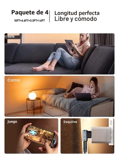Miniatura 4 de MRGLAS Cable USB C 3.2A (actualizado a 90° y chapado en oro), [4 unidades, 10+6.6+3.3+1.6 pies] Cable de carga rápida tipo C de nailon trenzado USB