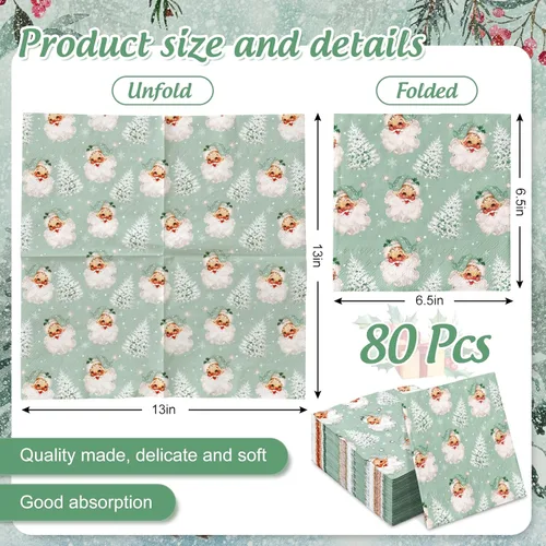 Miniatura 2 de 80 servilletas de Navidad verdes de Papá Noel desechables para almuerzo, servilletas de mano para suministros de fiesta, decoración de mesa
