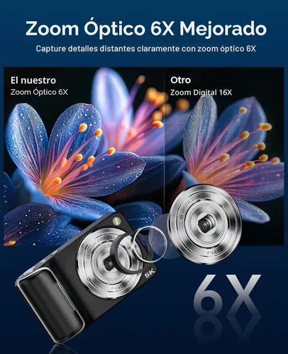 Miniatura 4 de Cámara digital 5K para fotografía con zoom óptico 6X, cámara WiFi de enfoque automático de 64 MP para YouTube con doble lente, cámaras digitales