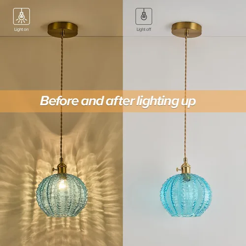 Miniatura 6 de Lámpara colgante vintage de 7.9 pulgadas, 1 luz, luces colgantes para isla de cocina con vidrio soplado a mano de cobre azul, pequeña lámpara