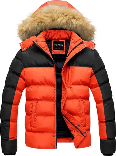 Miniatura 7 de Pursky Chaqueta de plumón impermeable para hombre, abrigos de invierno con capucha de piel para esquiar, parka con capucha de piel