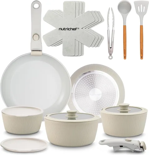 Miniatura 12 de NutriChef - Juego de 18 piezas de utensilios de cocina de cerámica con mangos desmontables, ollas y sartenes antiadherentes, revestimiento de Crema