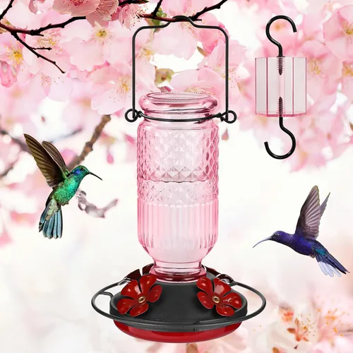 Miniatura 8 de Comederos de vidrio para colibríes FEED GARDEN para exteriores, comedero para colibríes rosa de 16 OZ con 4 puertos de alimentación con protección