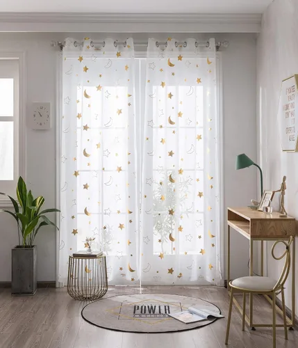 Miniatura 9 de SEEKRIGHT Twinkle Moon - Cortinas transparentes plateadas para habitación de la guardería del bebé, cortinas de encaje con ojales de estrella y luna
