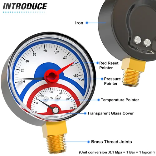 Miniatura 4 de MEANLIN MEASURE Medidor de presión térmico de 0-160 psi, esfera de cara NPT de 0-250 ℉ de 1/4 de pulgada, medidor de presión de temperatura