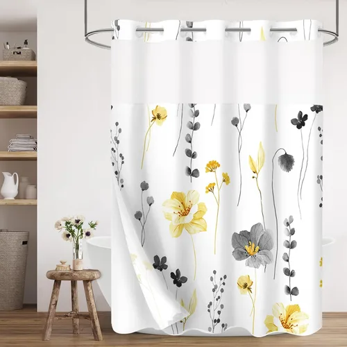 Miniatura 7 de Gibelle Juego de cortina de ducha pequeña sin gancho con forro de tela a presión, 36 x 74 pulgadas, cortina de ducha de flores azules y beige