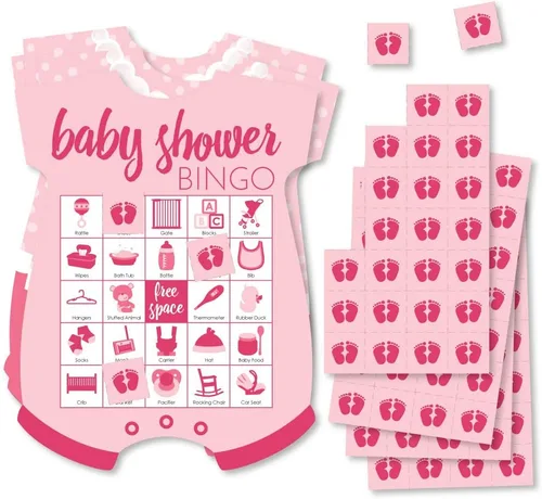 Big Dot of Happiness Juego de 18 tarjetas de bingo y marcadores de color rosa con forma de baby shower
