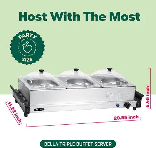 Miniatura 2 de BELLA Servidor de buffet eléctrico triple de 4.5 cuartos de galón, bandeja de calentamiento de alimentos y olla de cocción lenta, estación