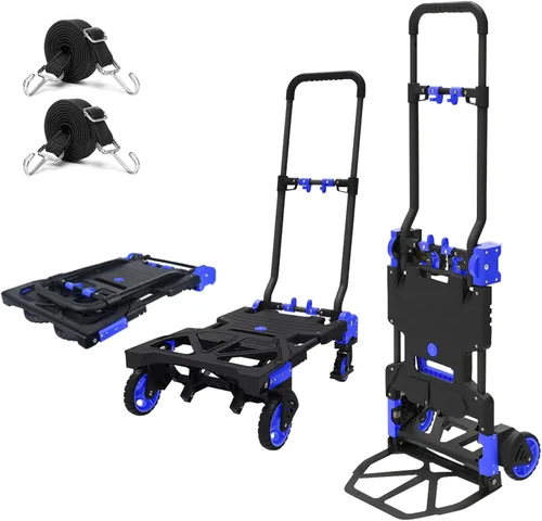 Carretilla de Mano Plegable de Servicio Pesado con Capacidad de Carga de 330 Libras, Carrito Convertible con Mango Retráctil y 4 Ruedas de Goma, Azul