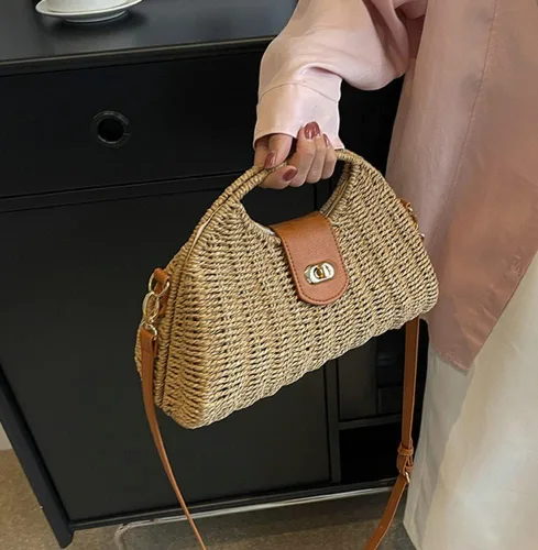 Miniatura 4 de Bolso cruzado de paja para mujer, tejido a mano, bolso de mano de ratán con asa superior de paja, bolso de hombro para playa de verano, bolso