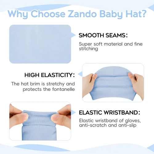 Miniatura 3 de Zando Gorros y manoplas unisex para bebés, gorro de hospital para recién nacidos, con guantes antiarañazos, conjunto para bebés y niños