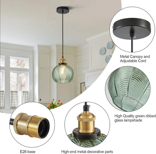 Miniatura 7 de Lámpara Colgante Vintage de 7.8 Pulgadas, Luces Colgantes de 1 Luz para Fregadero de Cocina con Vidrio Verde Soplado a Mano, Pequeña Lámpara