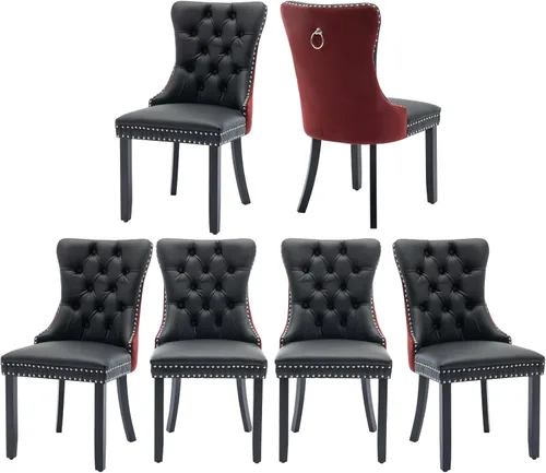 Miniatura 8 de Juego de 2 sillas de comedor de terciopelo, silla de comedor tapizada de alta gama con tirador de anillo en la espalda, adorno de clavos y patas