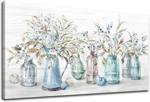 Yearainn Lienzo decorativo para pared, diseño floral índigo, en frasco, botella de flores botánicas, 20 x 40 pulgadas, decoración de pared para sala