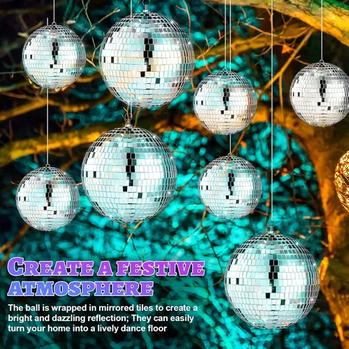 Miniatura 6 de Libima Paquete de 12 Bolas de Discoteca Grandes de Navidad Decoración de Diferentes Tamaños Espejo Plateado Colgantes Adornos de Bola de Discoteca