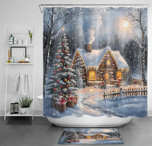 Miniatura 27 de EOBTAIN Cortina de ducha de hojas verdes de Navidad para baño, ramas de piña y abeto con bayas rojas sobre negro, cortina de ducha con 12 ganchos