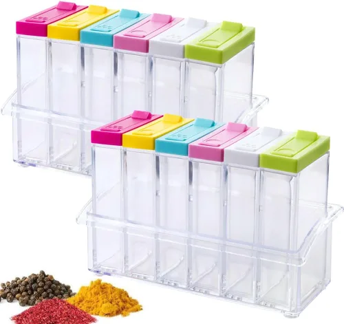 Juego de 12 tarros coloridos para especias y salero y pimentero, juego de condimentos, estuche dispensador de especias de plástico, botella de